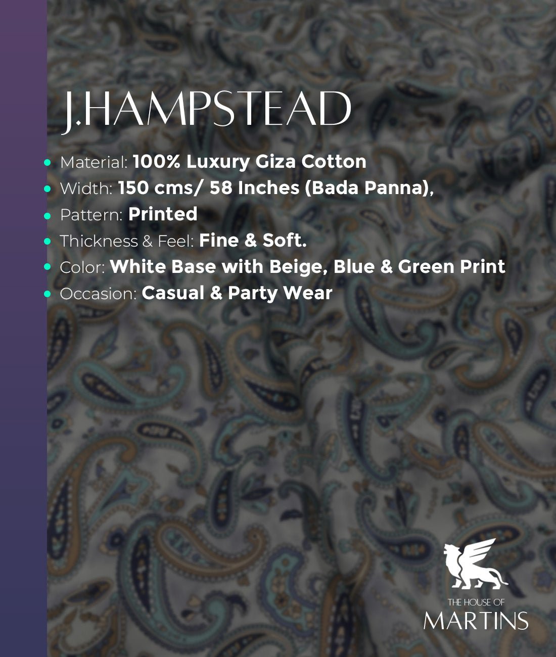 J.Hampstead Luxury Giza Cotton Paisley Printed Men's Unstitched Fabric - Tepchi Men