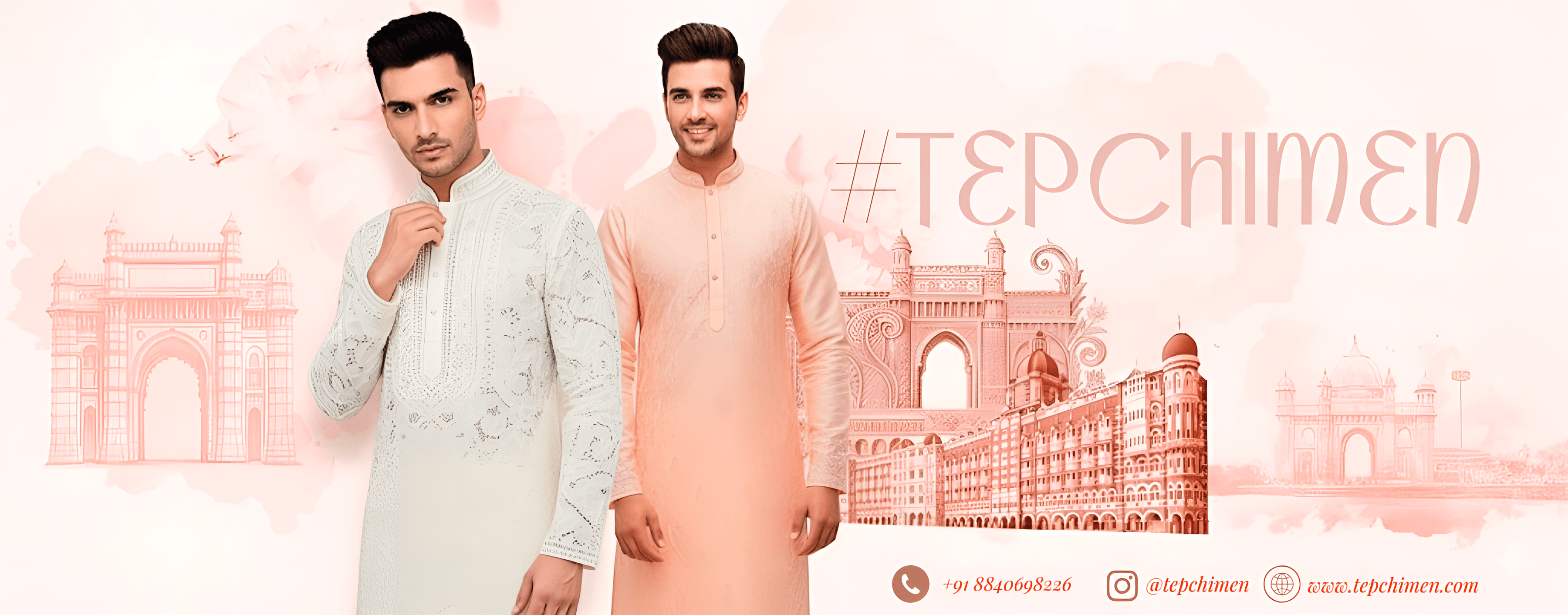 Two men wearing elegant ethnic men's kurtas from Tepchi, showcased in the mid-page banner.