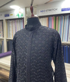 Front Open Bollywood Style Black Embroidered Kurta - Tepchi Men