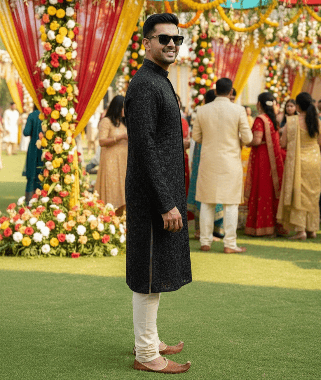 Front Open Bollywood Style Black Embroidered Kurta - Tepchi Men