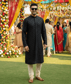 Front Open Bollywood Style Black Embroidered Kurta - Tepchi Men