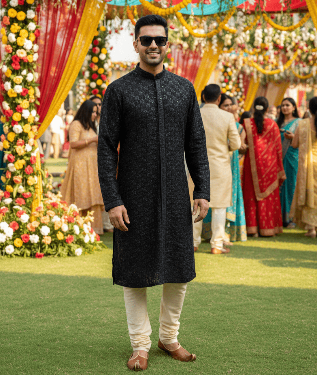 Front Open Bollywood Style Black Embroidered Kurta - Tepchi Men