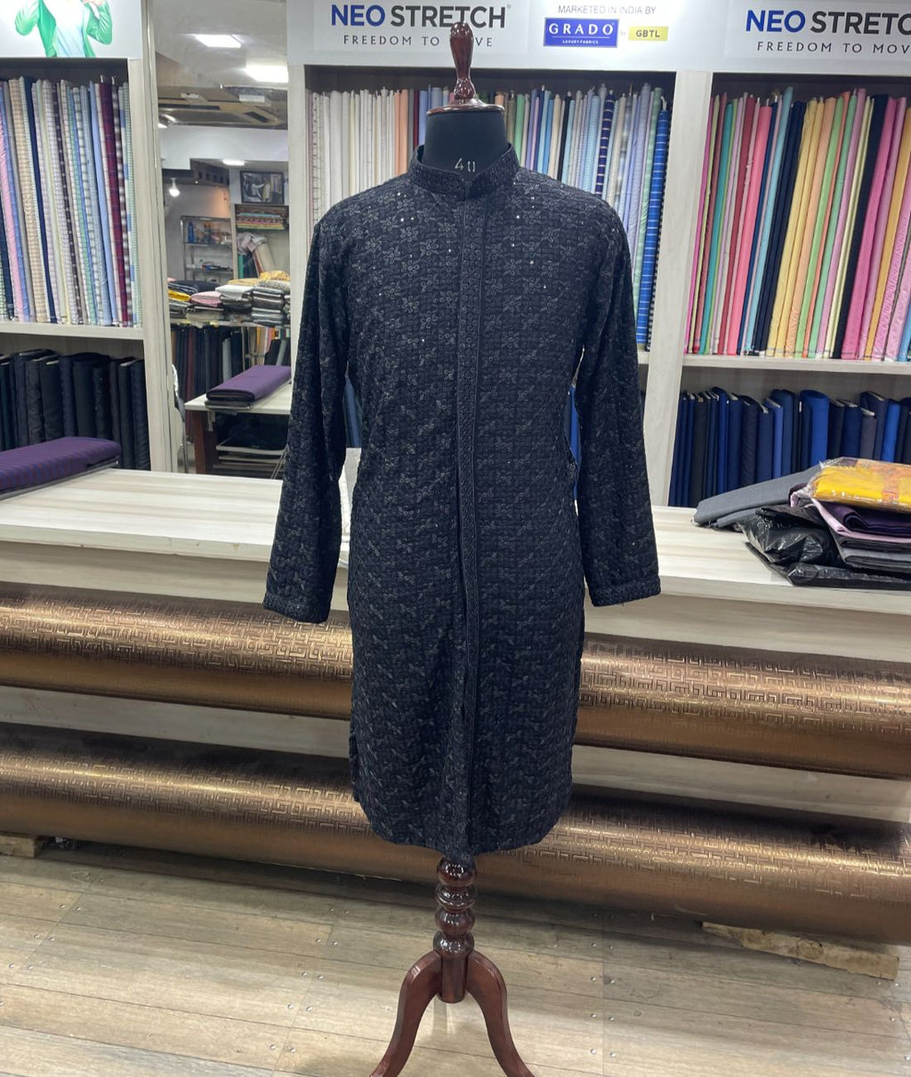 Front Open Bollywood Style Black Embroidered Kurta - Tepchi Men