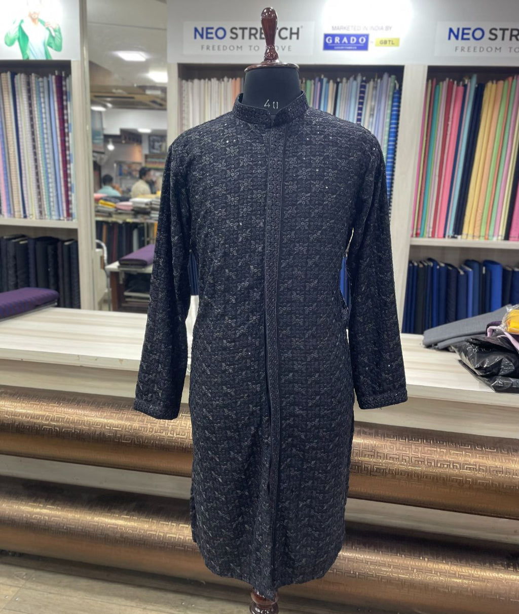 Front Open Bollywood Style Black Embroidered Kurta - Tepchi Men