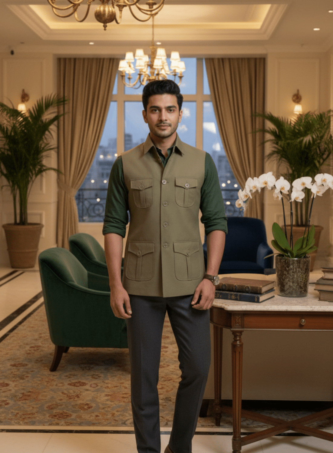 Green Hunting Sadri with 4 Pockets - Tepchi Men