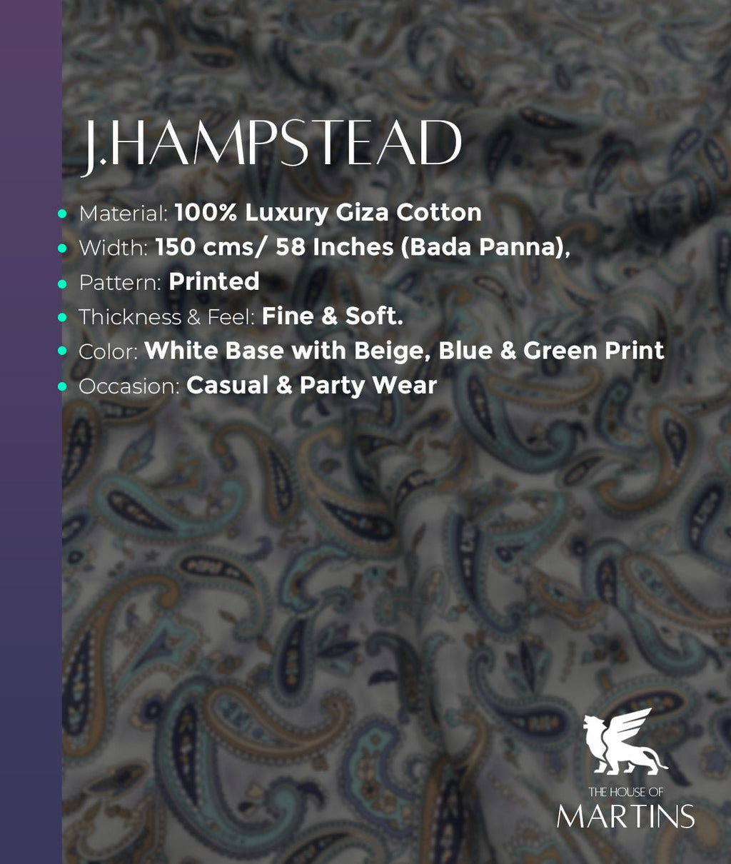 J.Hampstead Luxury Giza Cotton Paisley Printed Men's Unstitched Fabric - Tepchi Men