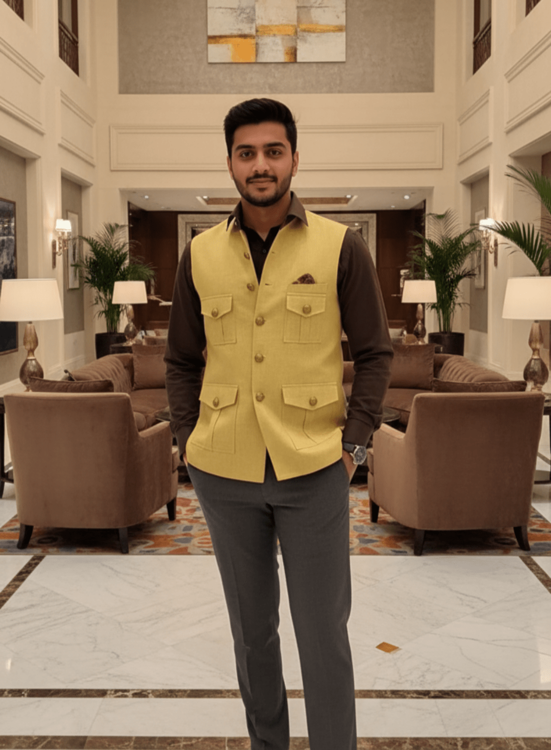 Linen 4 Pockets Hunting Sadri for Royal Event - Tepchi Men