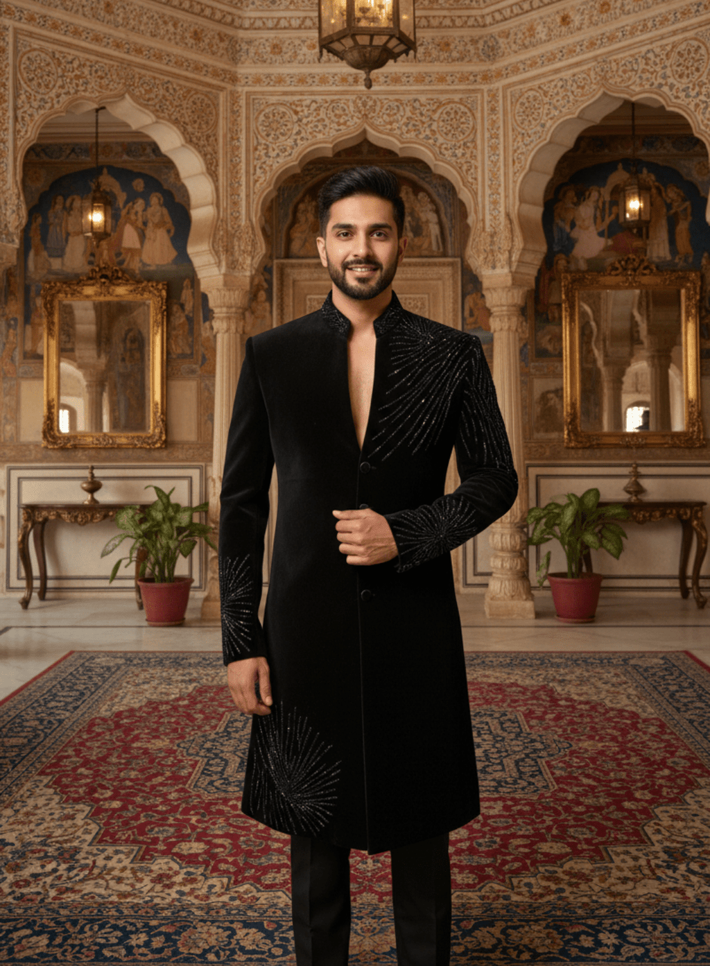 Luxury V Neck Hand Embroidered Sherwani for Wedding - Tepchi Men