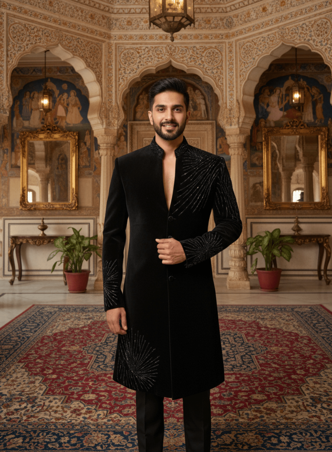 Luxury V Neck Hand Embroidered Sherwani for Wedding - Tepchi Men