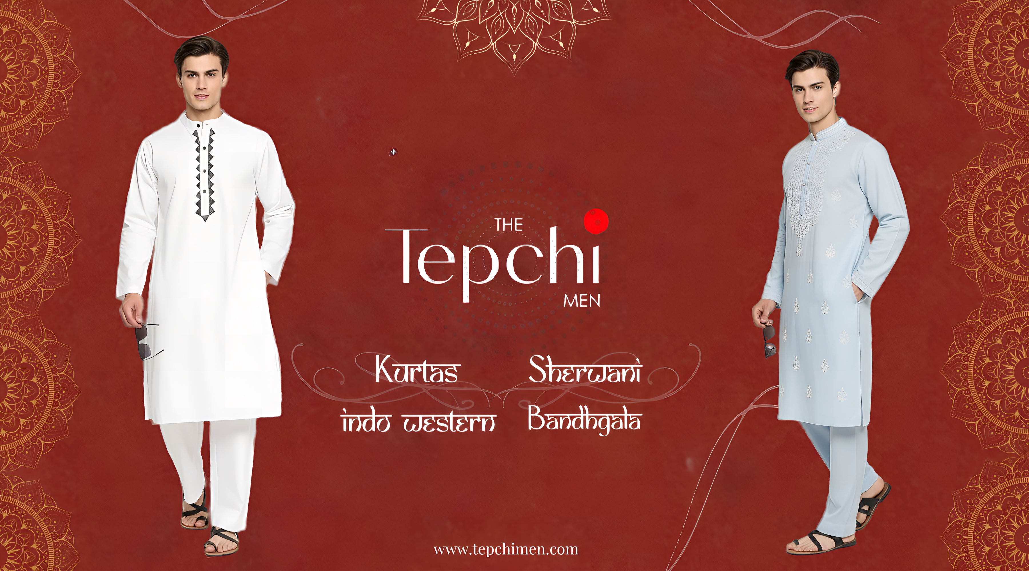 Two men wearing stylish ethnic men's kurtas from Tepchi, showcased in the homepage hero banner.