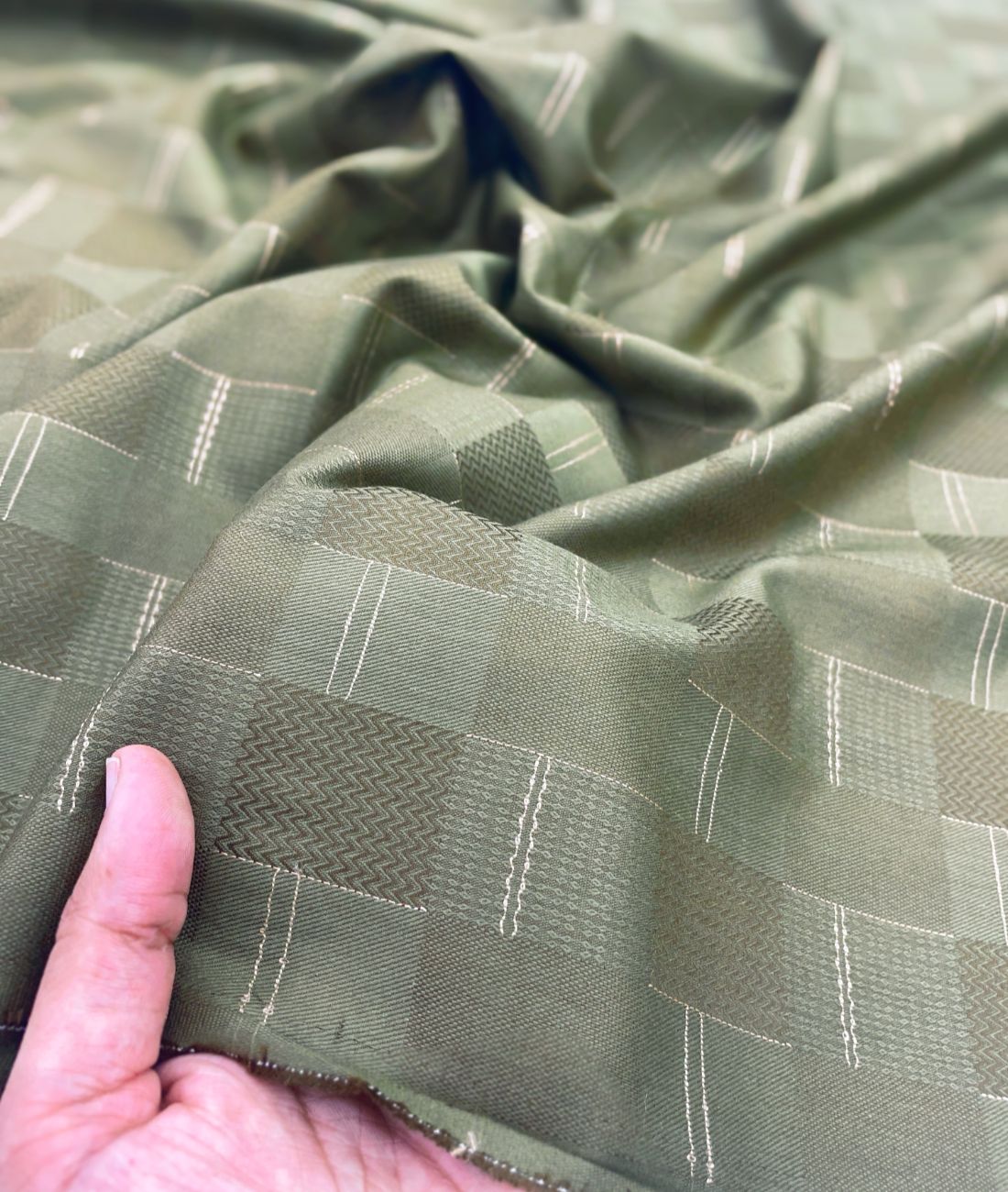 Olive Green Jacquard Giza Cotton Fabric for Shirt & Kurta - Tepchi Men