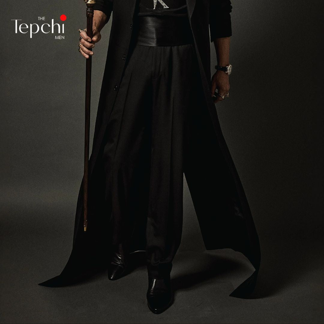 Shah Rukh Khan Inspired Met Gala Outfit | Designer Black Coat & Wide - Leg Pants Set - Tepchi Men