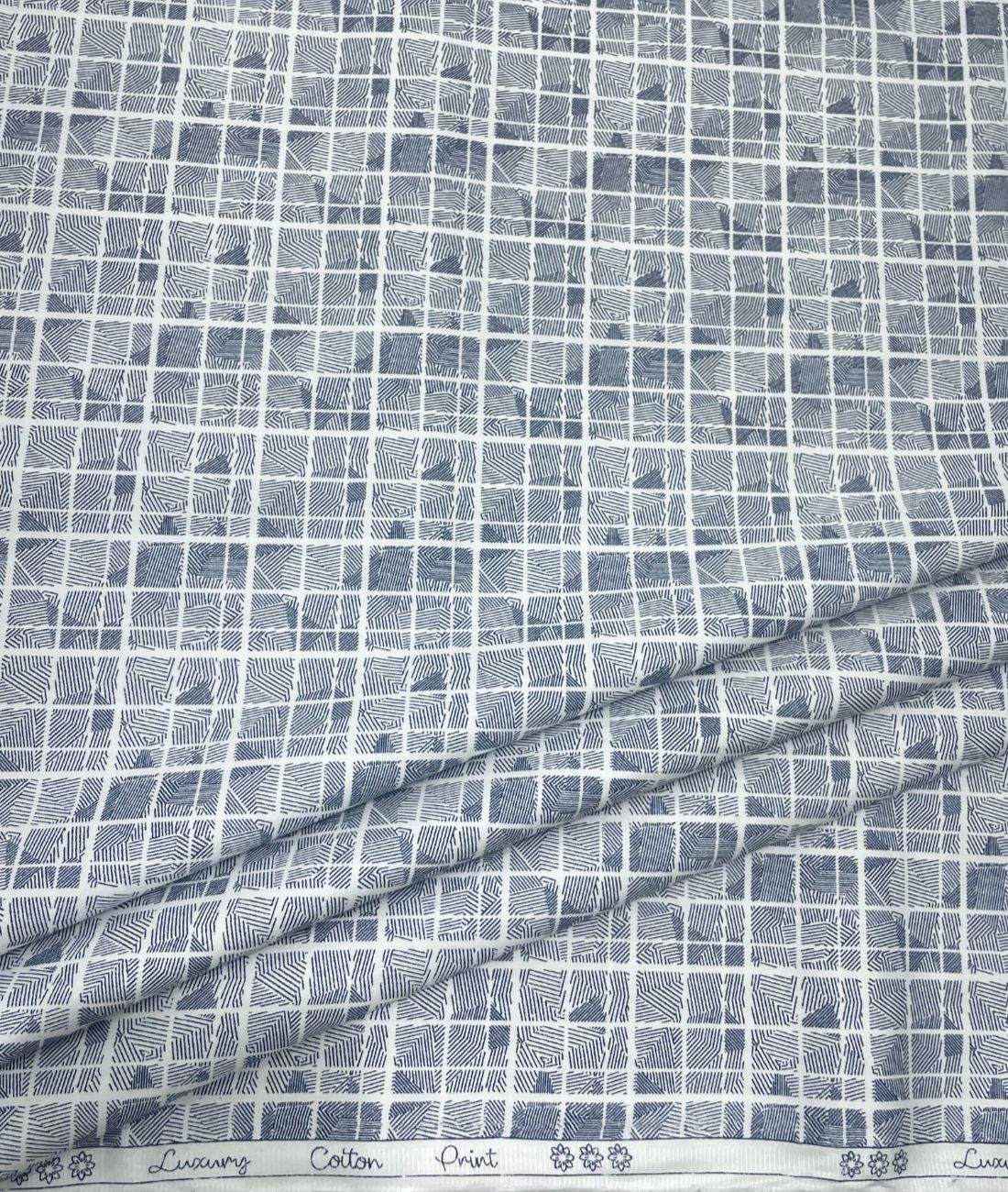 White Abstract Printed Luxury Giza Cotton Fabric for Men's Shirt - Tepchi Men